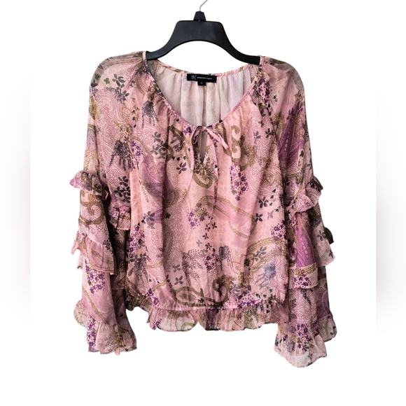 INC Pink & Purple Floral Fairy Ethereal Flutter Sleeve Blouse with Tie Front M - Picture 1 of 8